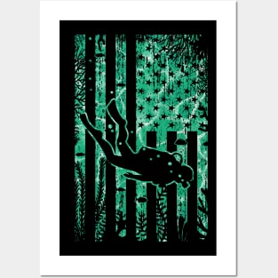 Scuba Diver American Flag Grunge Greens Vintage Diving Art Posters and Art